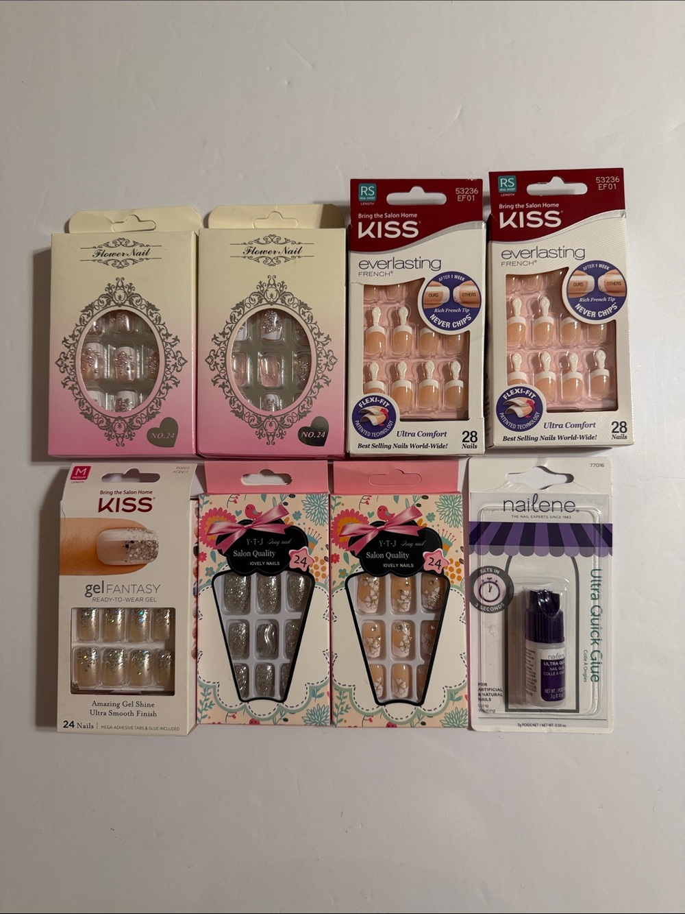Lot of 6 Kiss and Others French Press-On Nails in Natural Pink and Sparkling